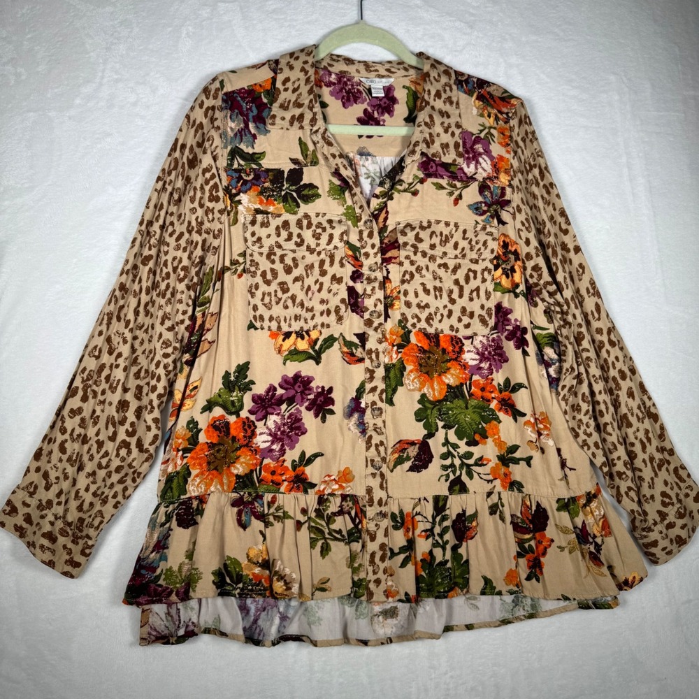 Cato Womens 18/20W Floral Leopard Mixed Print Peplum Button Down Blouse Rayon - Picture 2 of 9
